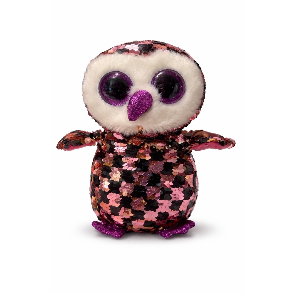 Ty Flippables Checks Owl Pink Copper Reversible Sequin Plush Limited Collection